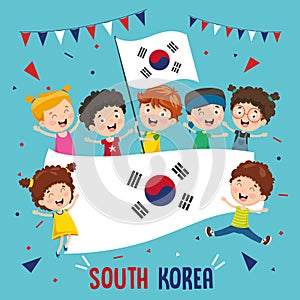 Vector Illustration Of Children Holding South Korea Flag