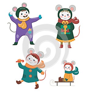 Vector illustration. Children play winter games, skate, snowboard, unwrap gifts. Christmas and new year. Symbol of year. Warmly dr