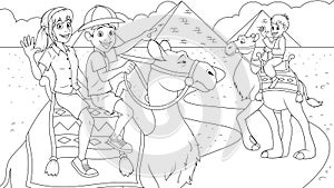 Vector illustration, children ride a camel, tourist trip