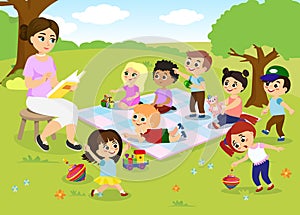 Vector illustration of children s activities at the summer camp, kids playing in the park, teacher is reading book for