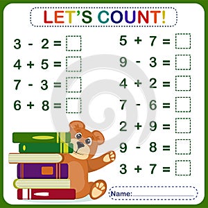 Vector illustration of a children`s math game on the topic I can count. Mathematical examples