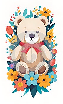 Vector illustration, children\'s teddy bear toy with flowers, background for children\'s room,