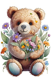 Vector illustration, children\'s teddy bear toy with flowers, background for children\'s room,
