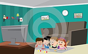 Vector Illustration Of children Watching Tv