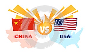 Vector illustration - China and USA conflict. Chinese vs american flag about economical export trade sanctions. Pressure symbol.
