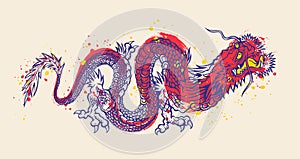 Vector illustration of a Chinese dragon. Tattoo of asian dragon on vintage background
