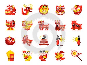 Chinese lion dance color icon set. Included the icons as performances, musician, lion dance, dragon dance, celebration and more. photo