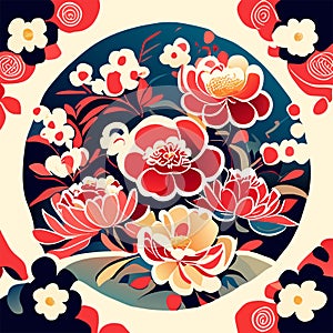 Vector illustration of a Chinese porcelain bowl with floral ornament. AI Generated