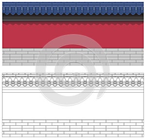 Vector illustration of chinese traditional ancient brick wall style with beautiful blue glazed tiles and red