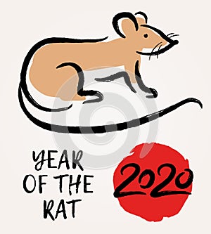 Vector illustration with Chinese Zodiac Sign -  Rat. Decorative mouse  - symbol of Happy 2020 New Year. Trendy greeting card