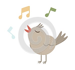 Vector illustration of a chirping bird with notes isolated on white background.