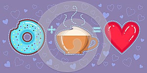 Vector illustration of chocolate donut with blue glaze, cappuccino cup and red heart