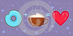 Vector illustration of chocolate donut with blue glaze, cappuccino cup and red heart