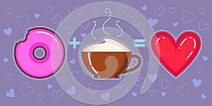 Vector illustration of chocolate donut with pink glaze, cappuccino cup and red heart