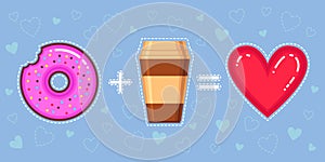 Vector illustration of chocolate donut with pink glaze, coffee and heart