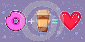 Vector illustration of chocolate donut with pink glaze, coffee and red heart