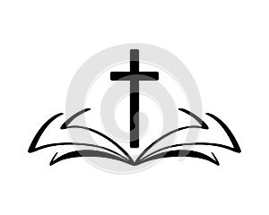 Vector illustration of Christian Logo. Emblem with Cross and Holy Bible. Religious community. Design element for poster