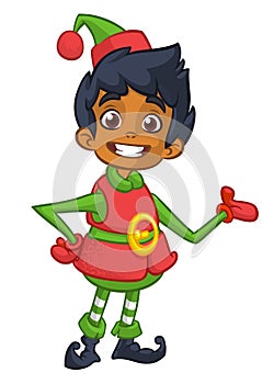 Vector illustration of Christmas afro-american or arab boy elf cartoon. Cute Happy Dwarf Santa Helper Presenting.