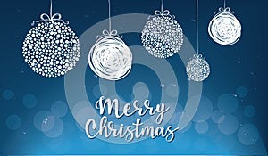 Vector illustration of christmas baubles with `Merry Christmas`` lettering.