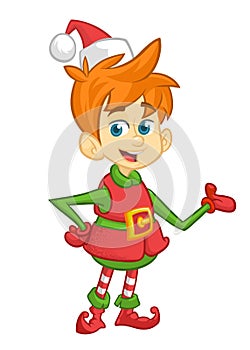 Vector illustration of Christmas boy elf cartoon. Cute Happy Dwarf Santa Helper Presenting.