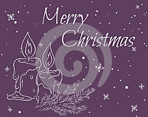 Vector illustration of christmas card with outline of candles, branch of christmas tree, label and snowflakes. Can be used for gre