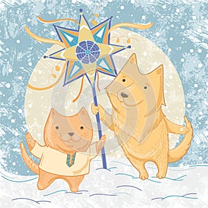 Vector illustration of Christmas carols with dog and cat