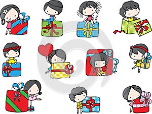 Vector illustration Christmas cartoon kids and gift frame background