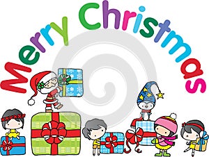 Vector illustration Christmas cartoon kids and gift frame background