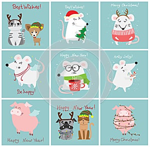 Vector illustration of christmas cats, rats, pigs,dogs with Christmas and new year greetings. Cute pets with holiday