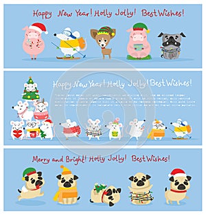 Vector illustration of christmas cats, rats, pigs and dogs with Christmas and new year greetings. Cute pets with holiday