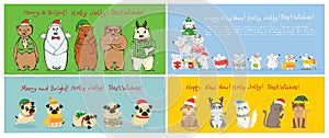 Vector illustration of christmas cats, rats, pigs and dogs with Christmas and new year greetings. Cute pets with holiday