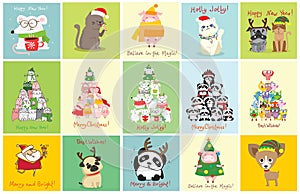 Vector illustration of christmas cats, rats, pigs,dogs with Christmas and new year greetings. Cute pets with holiday
