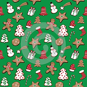 Vector illustration of christmas cookies set on green background seamless pattern