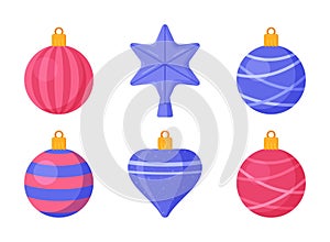 Vector illustration of christmas decorations. Set of Christmas toys of different shapes and sizes.