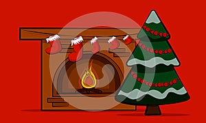 Vector illustration of a Christmas fireplace, Christmas socks on a red background