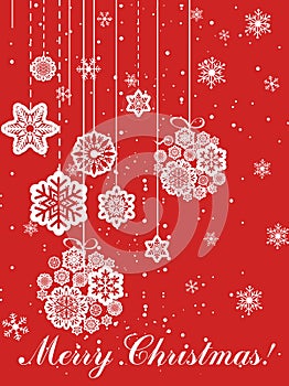 Vector illustration of Christmas greeting card in flat design with snowflakes on red background and space for text in