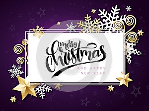 Vector illustration of christmas greeting card with hand lettering label - merry christmas - with stars, sparkles