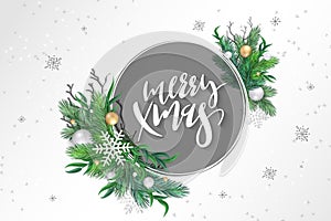 Vector illustration of christmas greeting card template with hand lettering label - merry christmas - with realistic