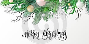 Vector illustration of christmas greeting card template with hand lettering label - merry christmas - with realistic