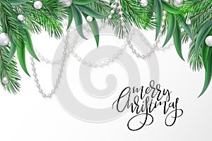 Vector illustration of christmas greeting card template with hand lettering label - merry christmas - with realistic