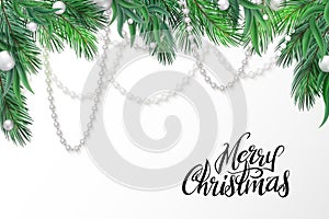 Vector illustration of christmas greeting card template with hand lettering label - merry christmas - with realistic