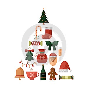 Vector illustration with Christmas icons in a Christmas tree shape. New Year illustrations