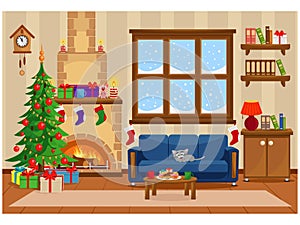 Festive vector room for New year and Christmas. Christmas tree  gifts  sofa  table with treats and snow-covered window