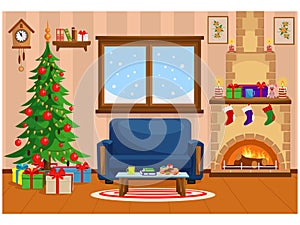 Festive vector room for New year and Christmas. Christmas tree  gifts  sofa  table with treats  snow-covered window and