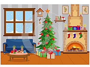 Festive vector room for New year and Christmas. Christmas tree  gifts  sofa  table with treats  snow-covered window and