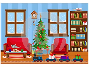 Festive vector room for New year and Christmas. Christmas tree  gifts  sofa  table with treats  snow-covered windows  and a toy