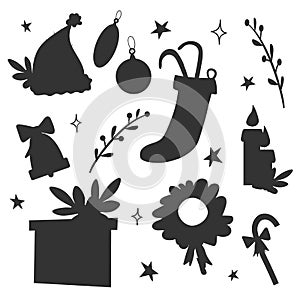 Vector illustration Christmas new year holiday decoration icons black silhouette and elements set isolated in flat style