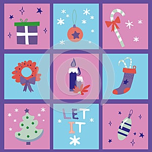 Vector illustration Christmas new year holiday decoration icons and elements set isolated in flat style. EPS