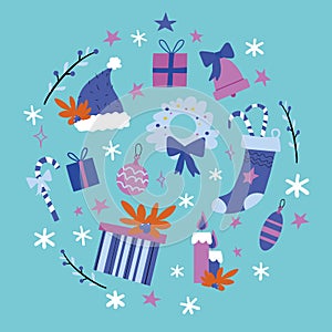 Vector illustration Christmas new year holiday decoration icons and elements set isolated on light blue background in