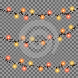 Vector illustration of Christmas, New Year lights isolated on background. Set of color string garlands. Realistic party decoration